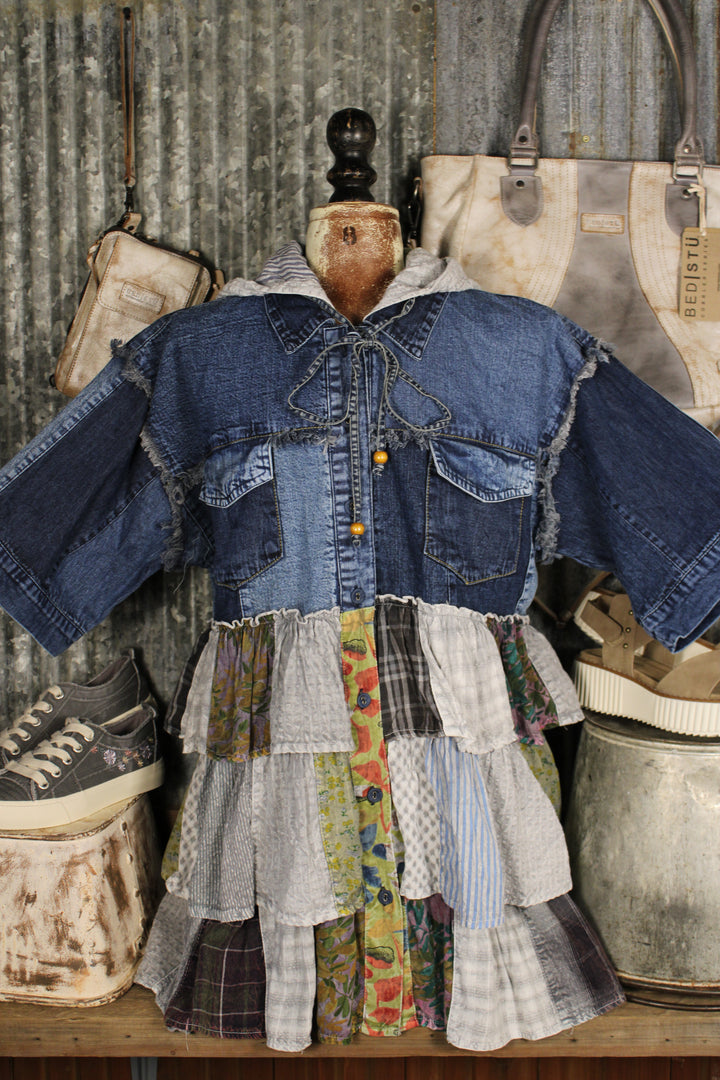 Country Charm Grey Hooded Patchwork Top