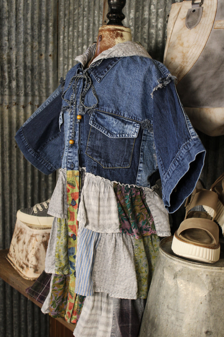 Country Charm Grey Hooded Patchwork Top