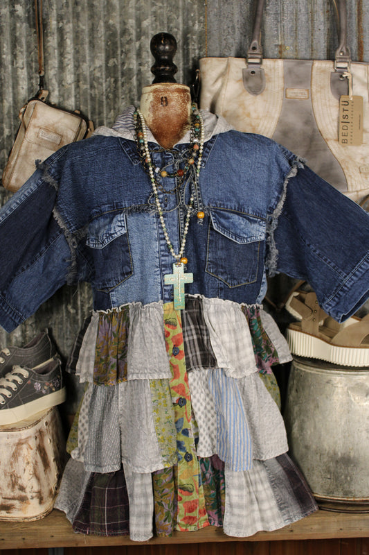 Country Charm Grey Hooded Patchwork Top