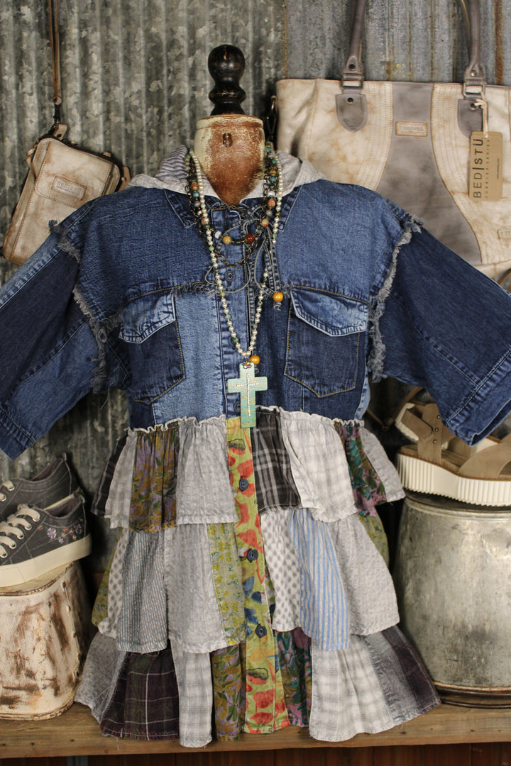 Country Charm Grey Hooded Patchwork Top
