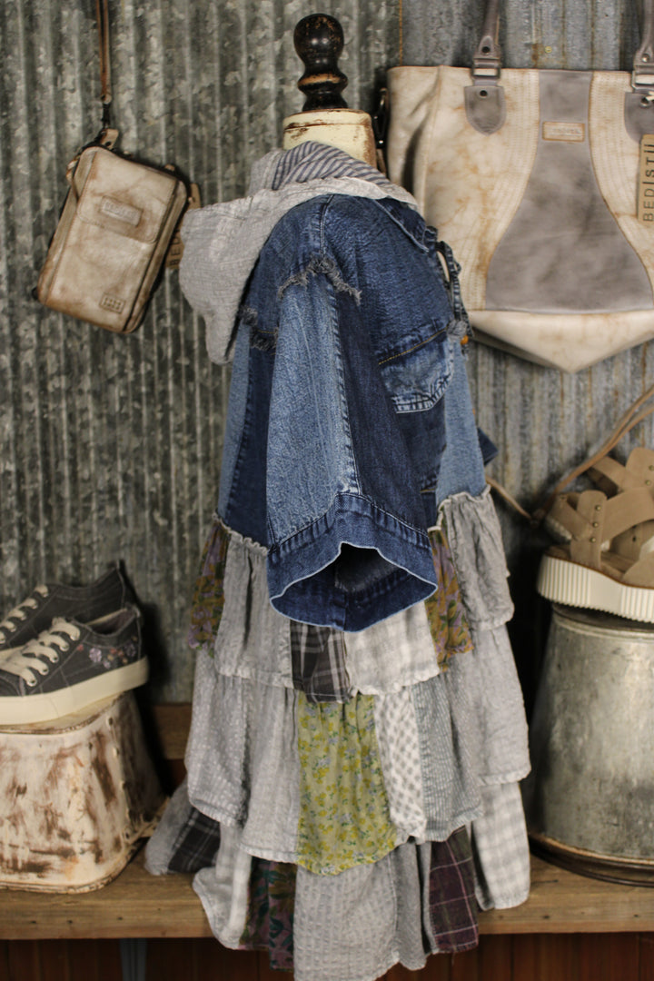 Country Charm Grey Hooded Patchwork Top