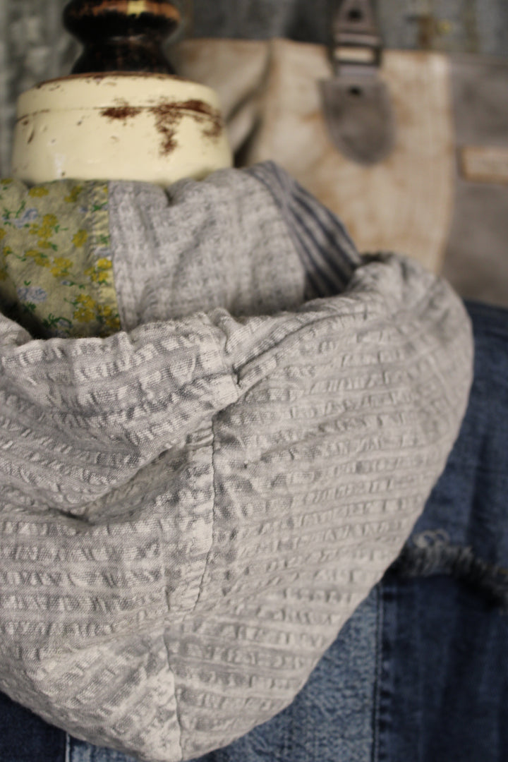 Country Charm Grey Hooded Patchwork Top