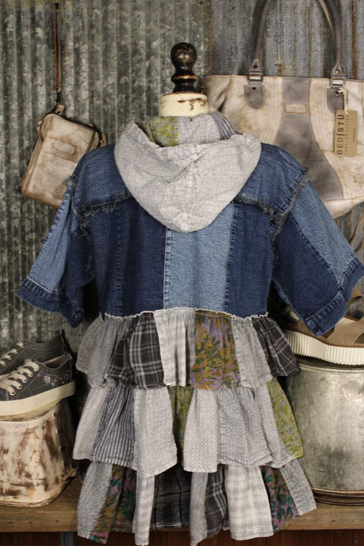 Country Charm Grey Hooded Patchwork Top