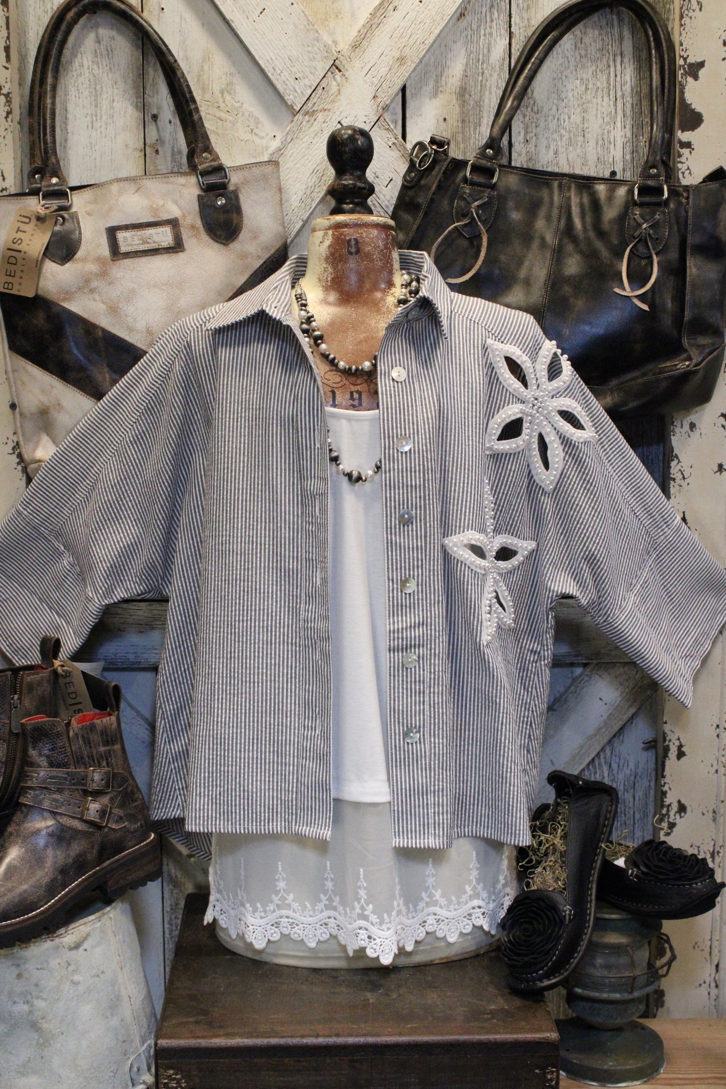 Stripes & Pearls Button Up