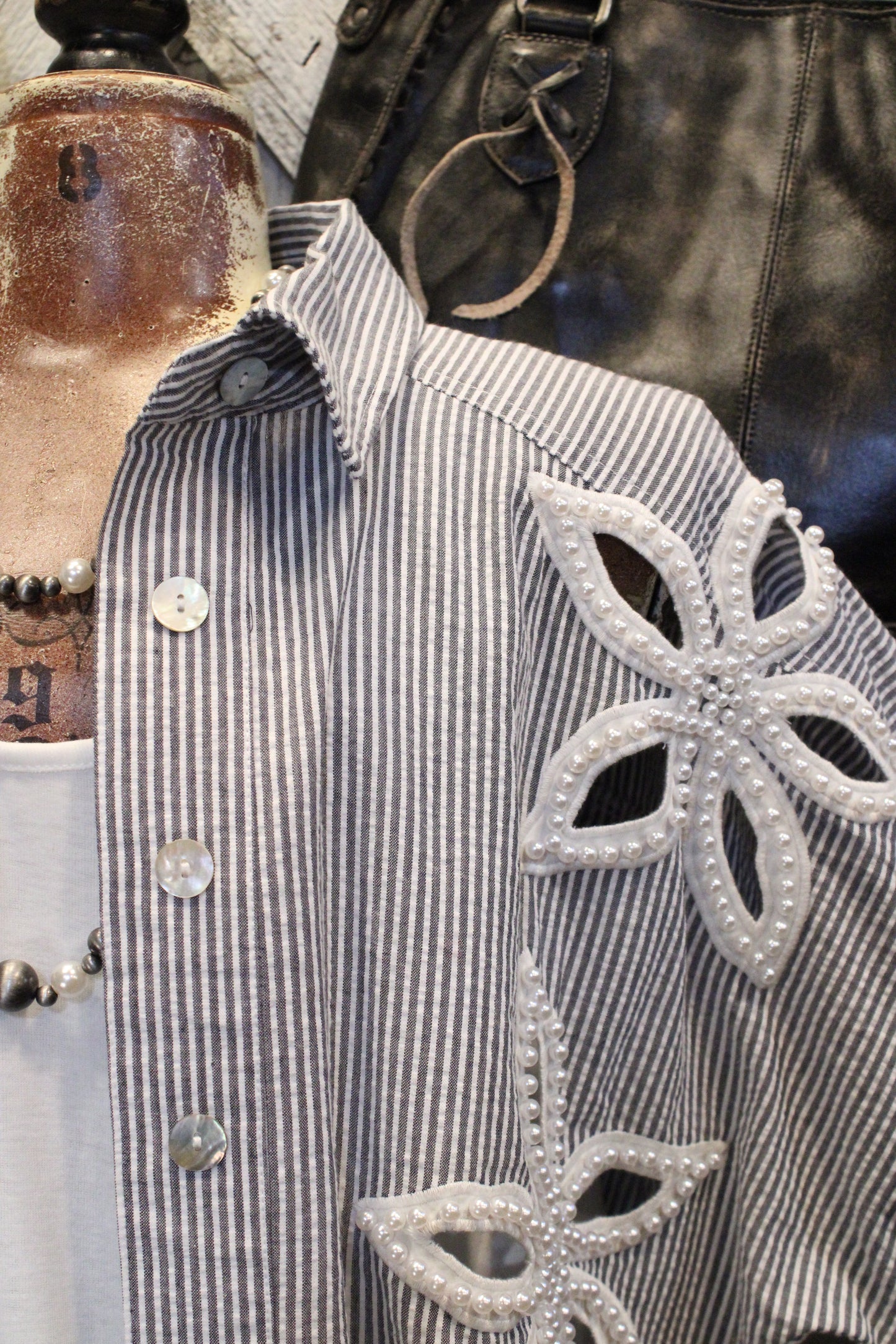 Stripes & Pearls Button Up