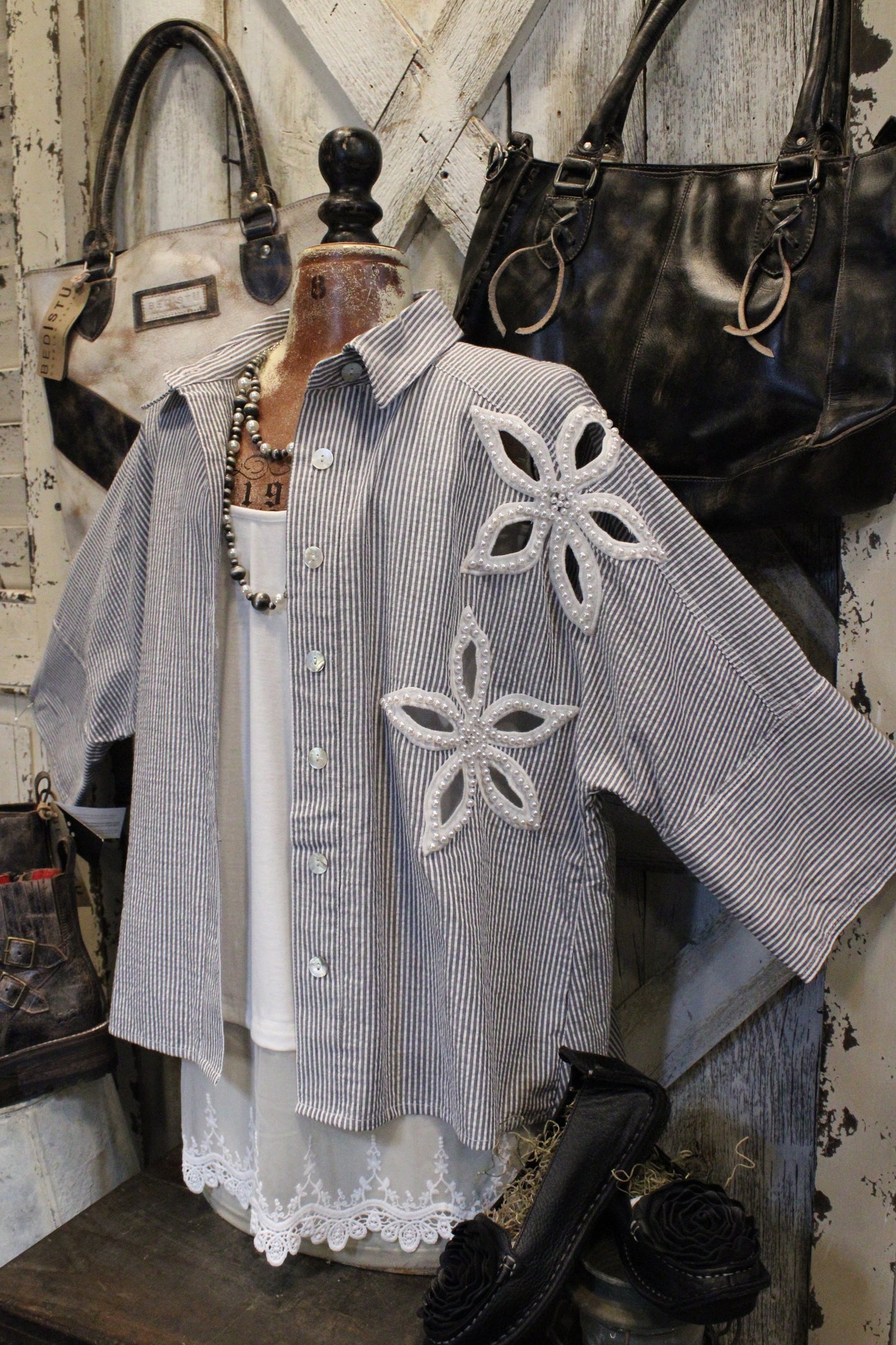 Stripes & Pearls Button Up