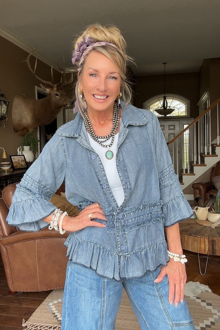 Prairie Skies Chambray Ruffle Top