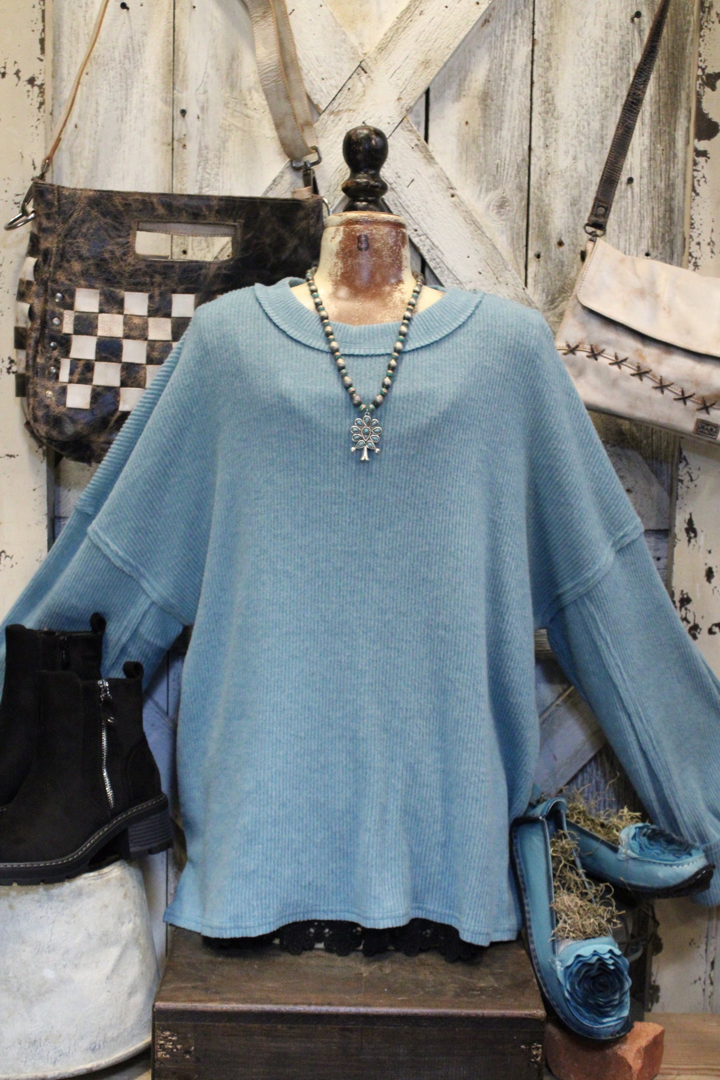Ribbed Dusty Teal Relaxed Sweater