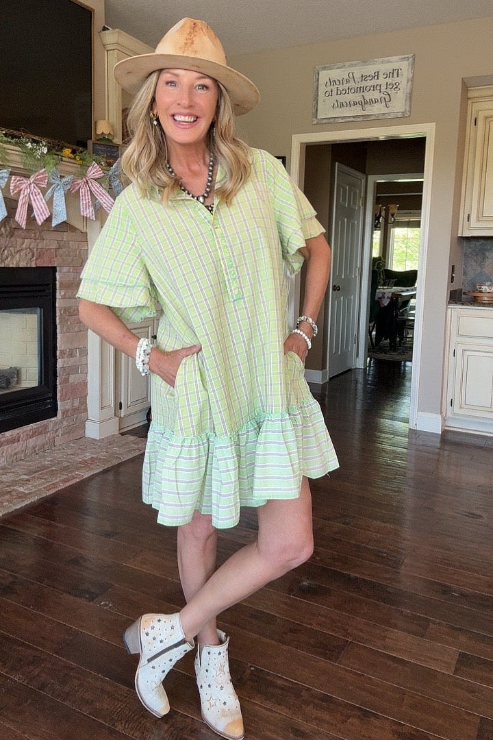 Picnic Plaid Lime And Lavender Cotton Dress