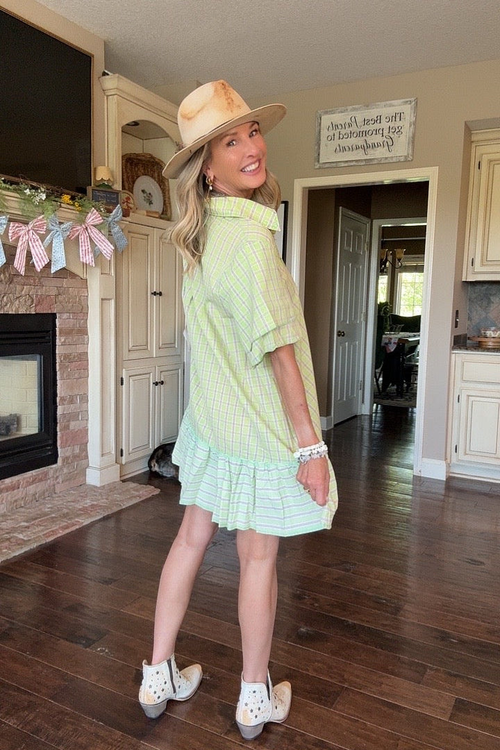 Picnic Plaid Lime And Lavender Cotton Dress