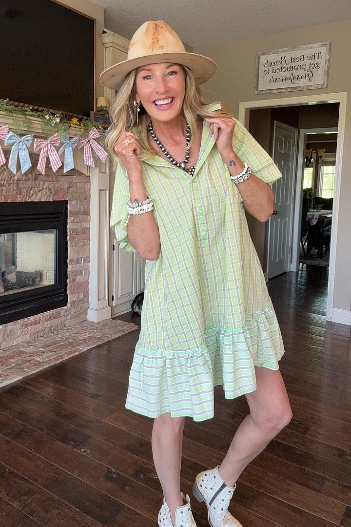 Picnic Plaid Lime And Lavender Cotton Dress