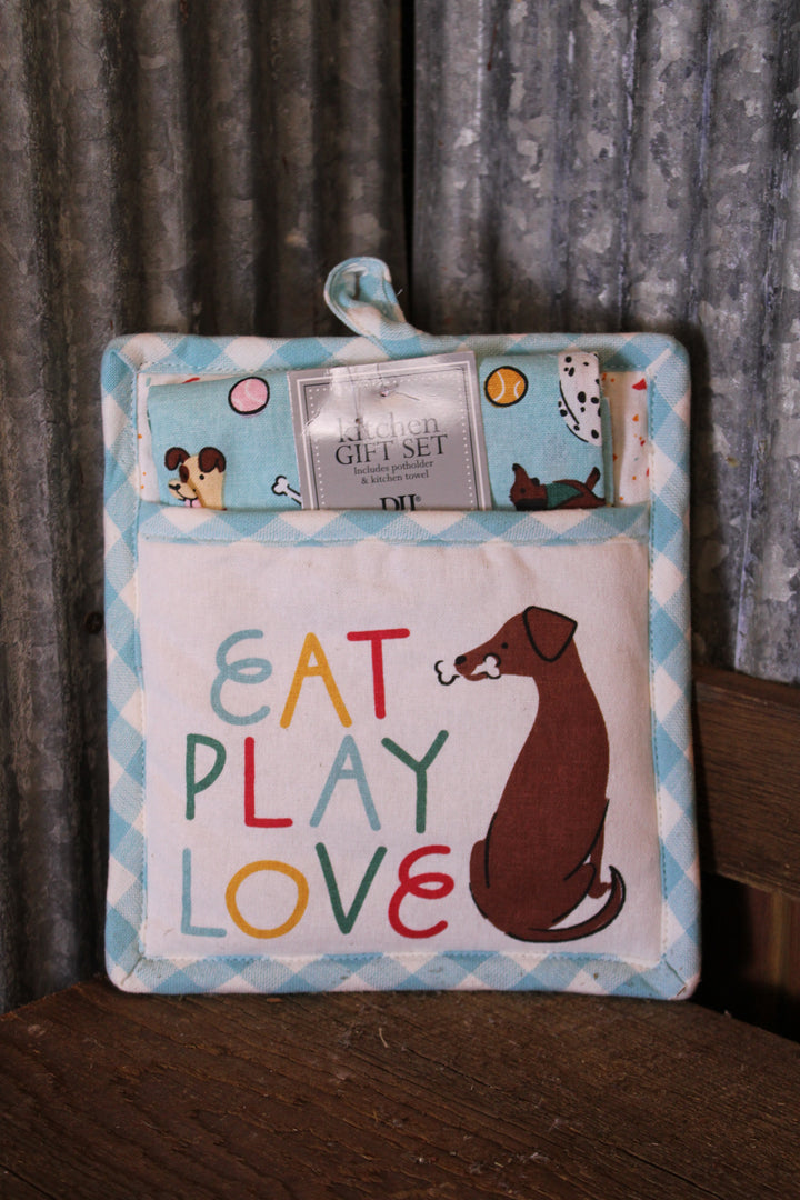 Eat Play Love Potholder &amp; Kitchen Towel Set