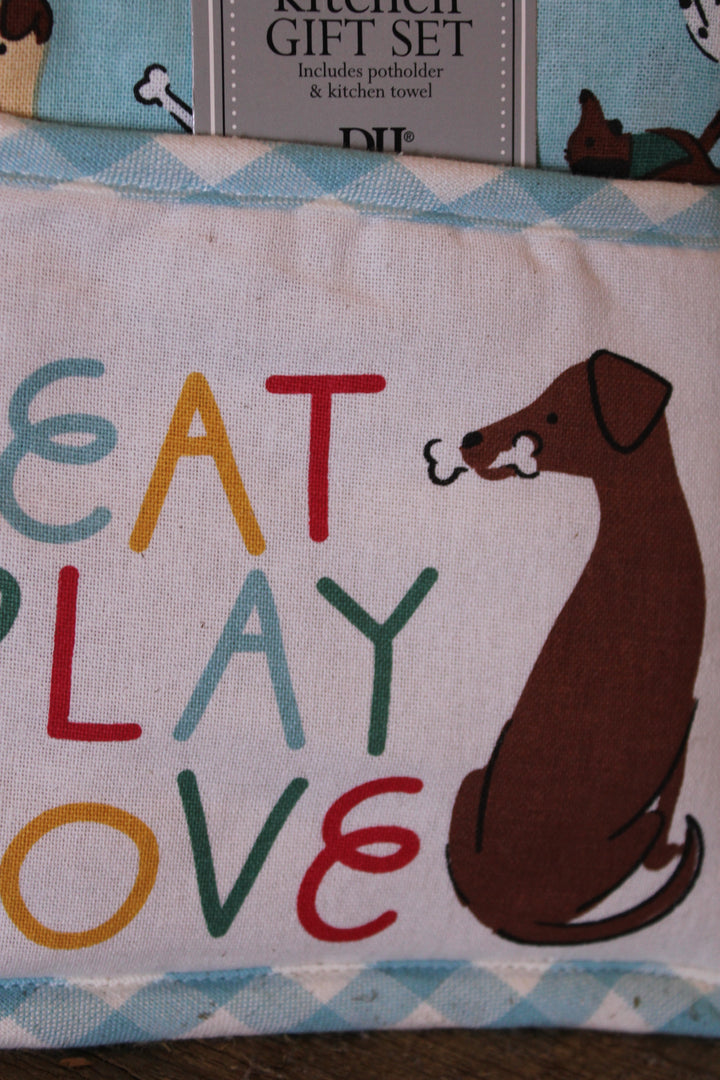 Eat Play Love Potholder &amp; Kitchen Towel Set