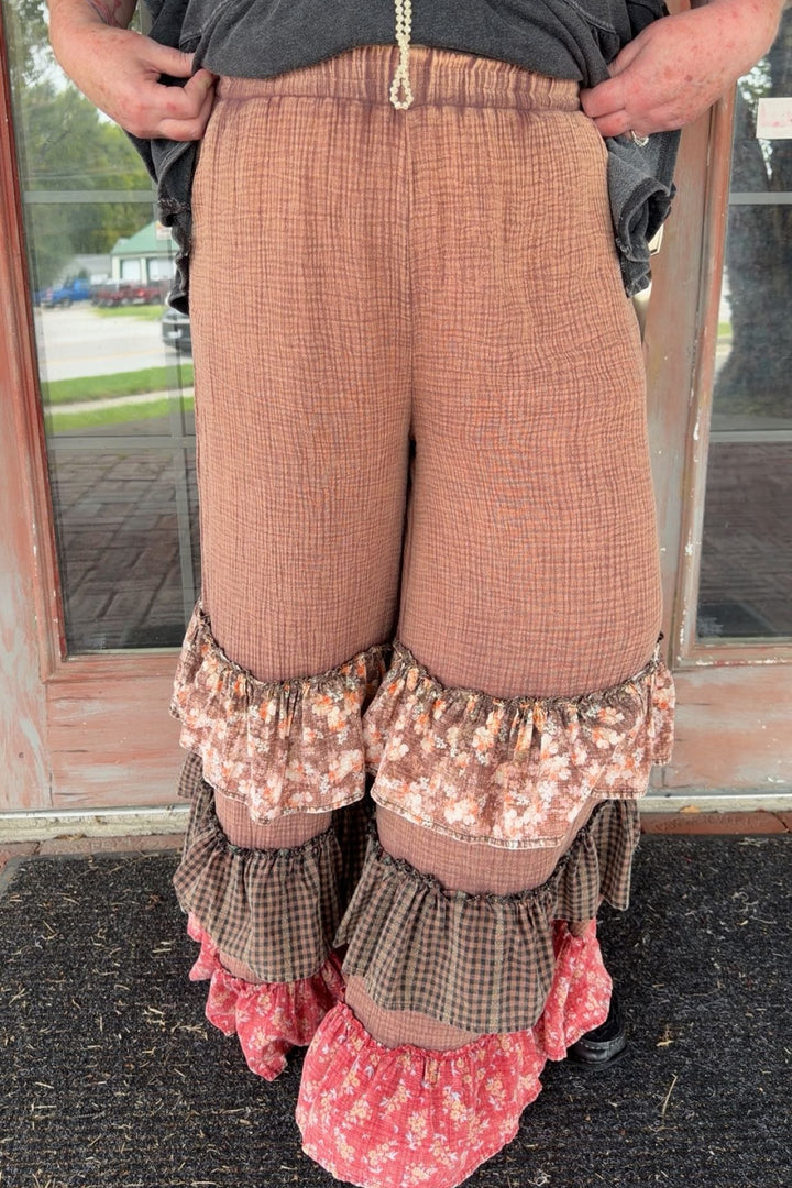 Mocha Cotton Ruffle Pants
