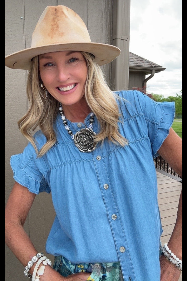 Bluebell Ruffle Chambray Blouse