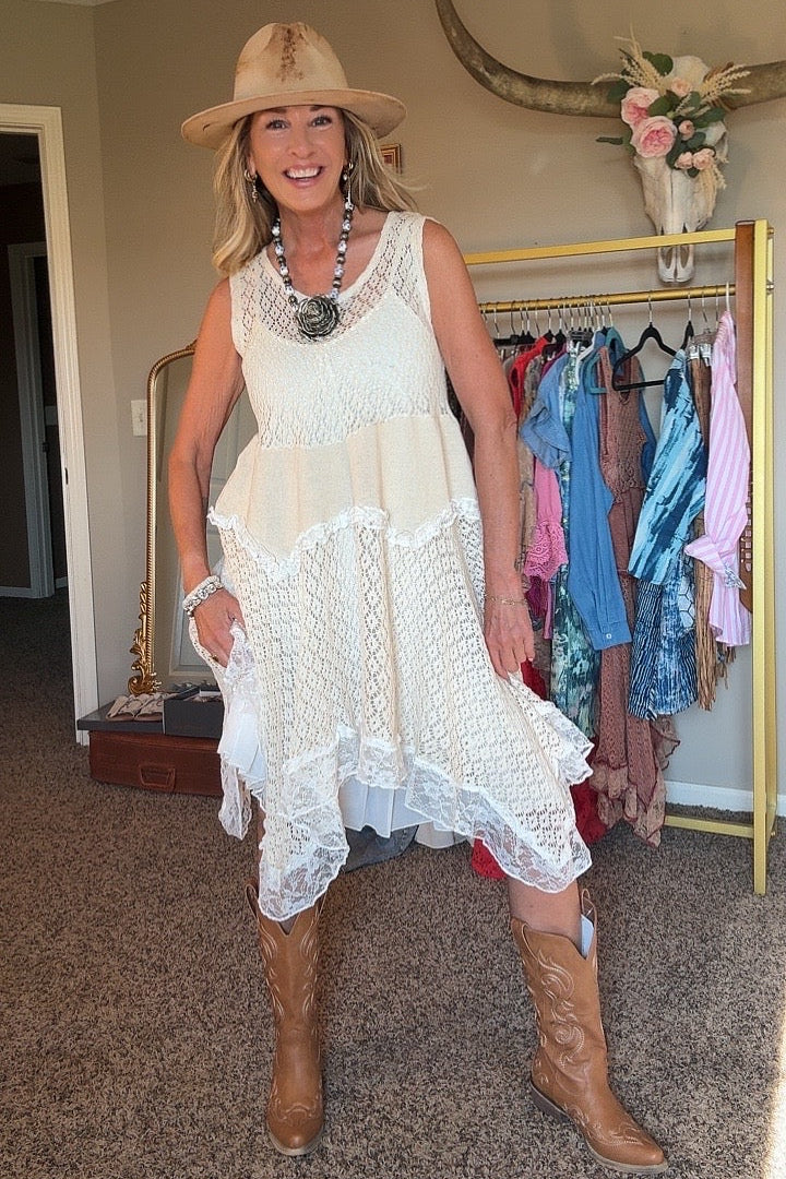 Coastal Crochet Cream Cotton Dress
