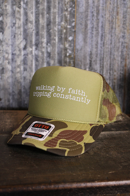 Walking By Faith Tripping Constantly Trucker Hat