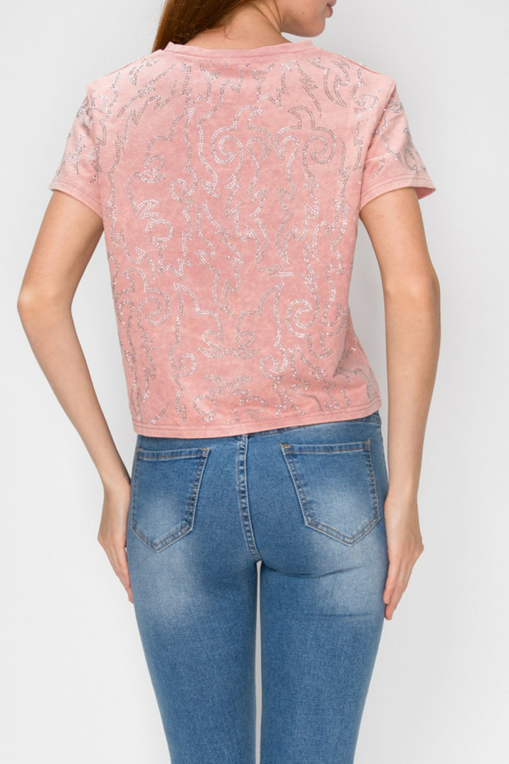 Rosy Rhinestone Cotton Top
