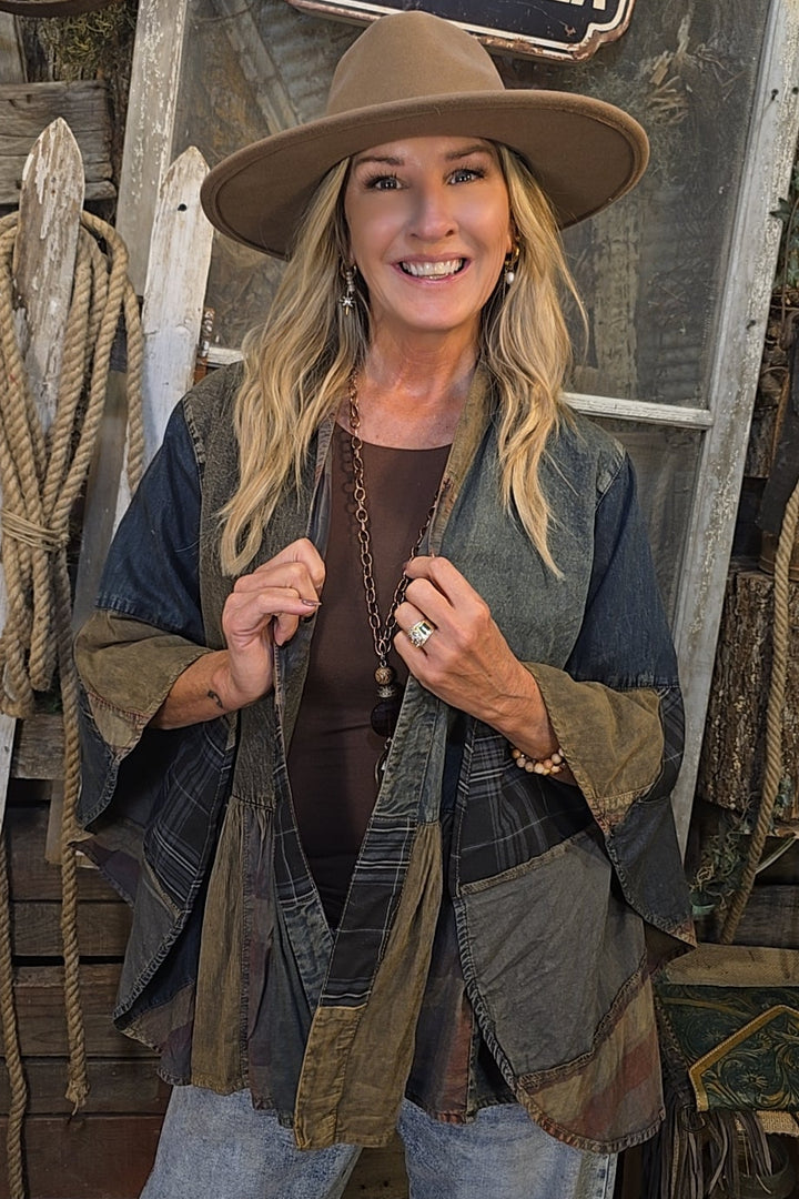 Smoked Denim &amp; Plaid Cardigan