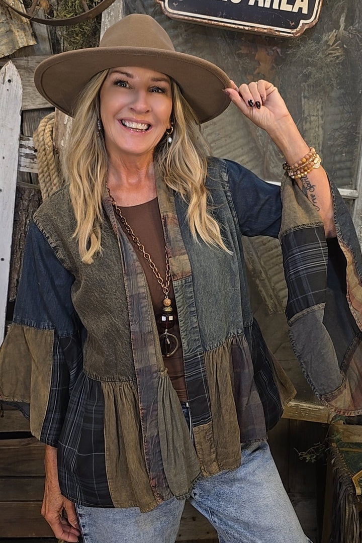 Smoked Denim &amp; Plaid Cardigan