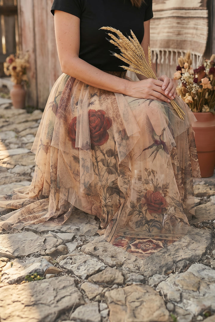 Moondust Vintage Bird Beige Skirt