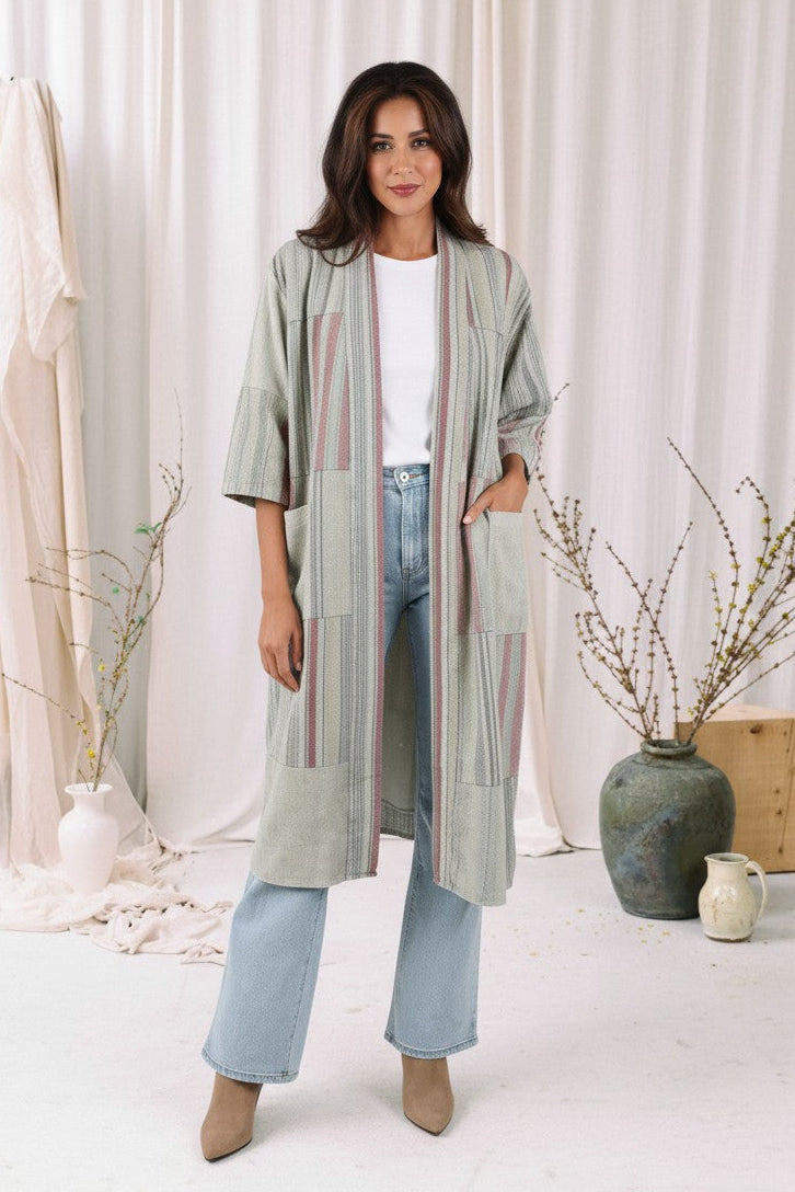 Moss Stripe Long Kimono