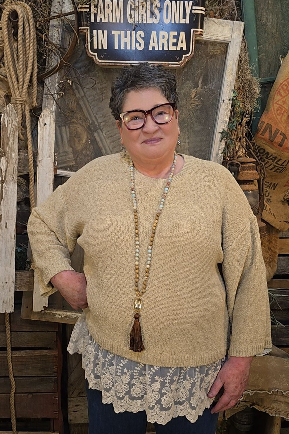 Graceful Lace Khaki Sweater