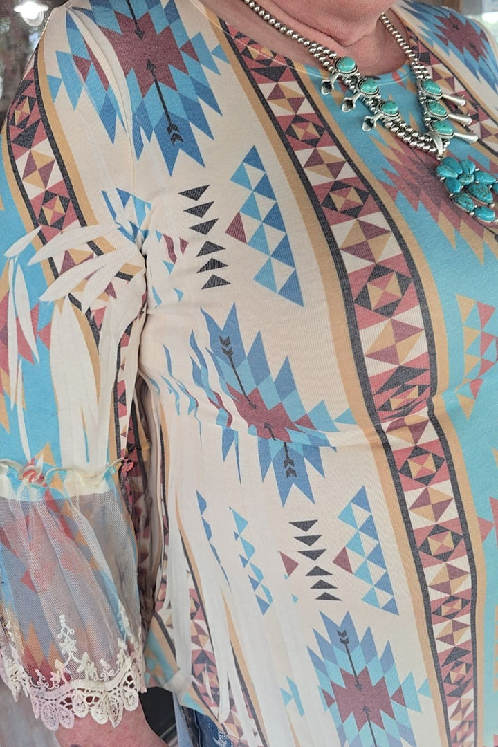Broom Tail Beige New Turquoise Blouse