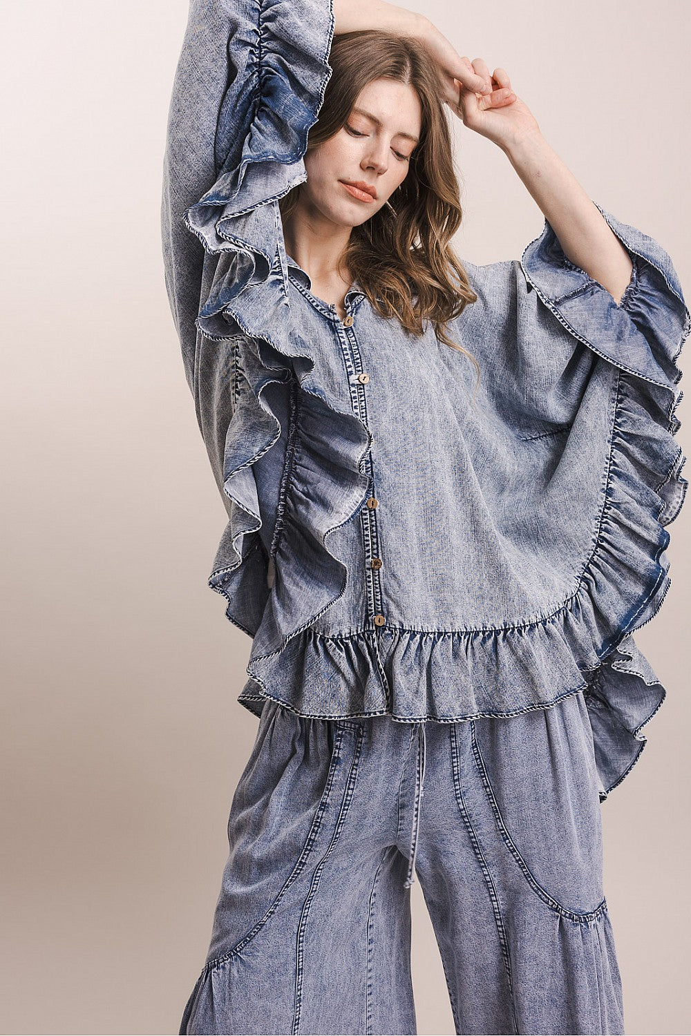 Misty Morning Denim Poncho Blouse