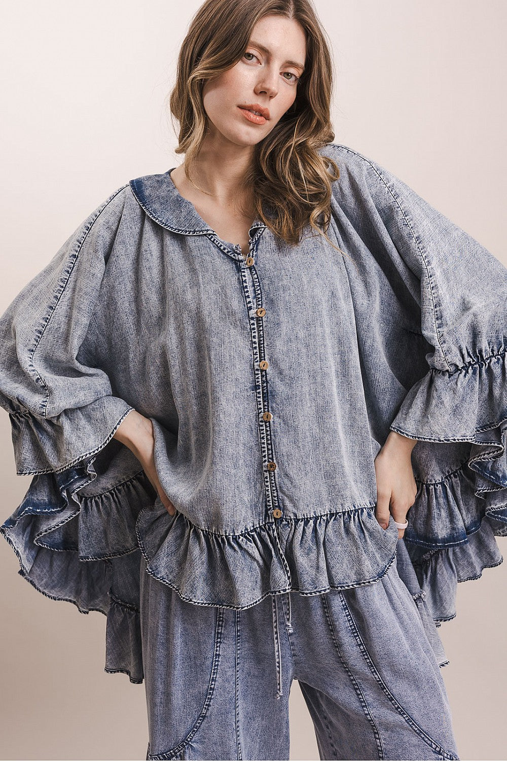 Misty Morning Denim Poncho Blouse