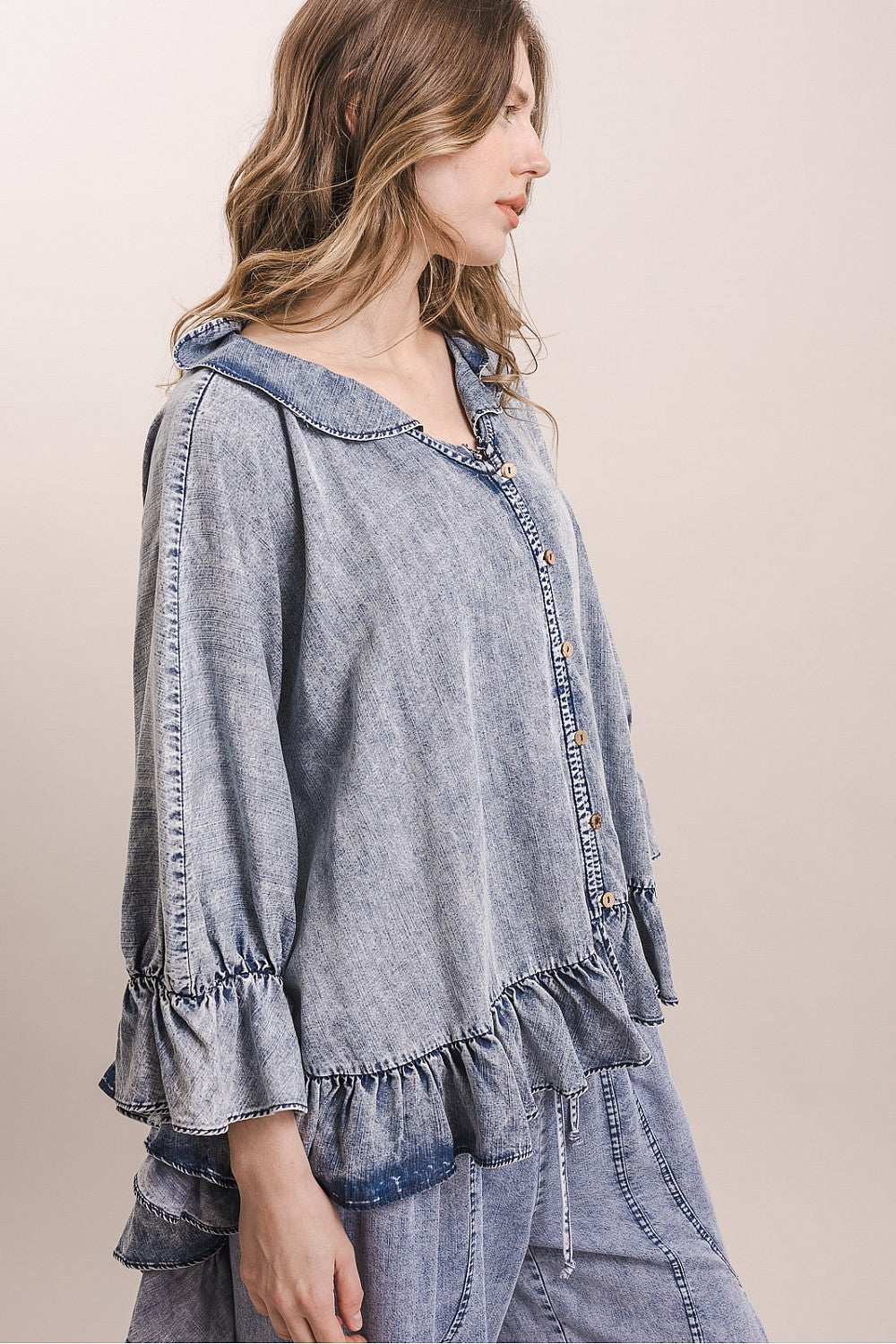 Misty Morning Denim Poncho Blouse