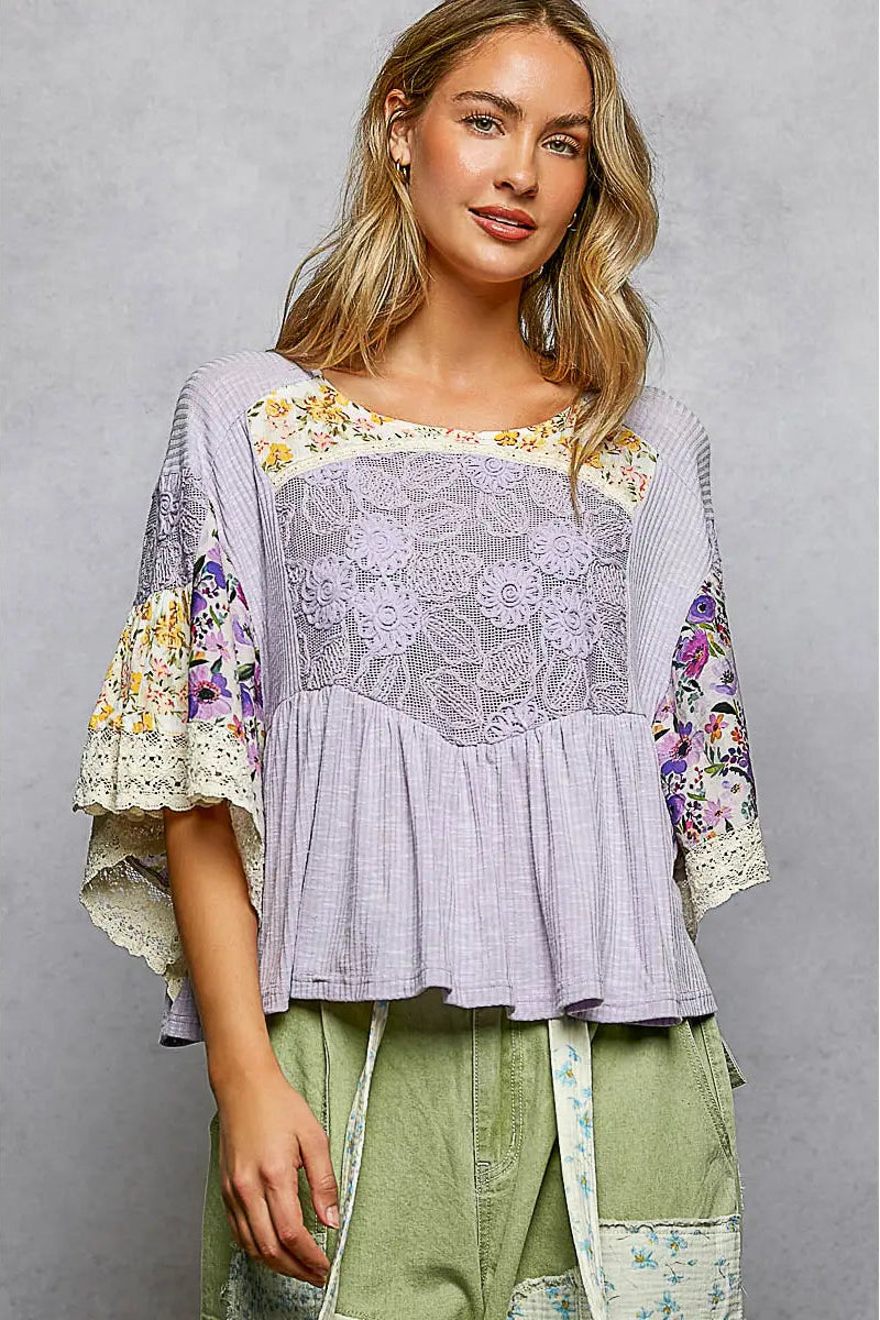 Cottage Floral Flutter Lavender Blouse