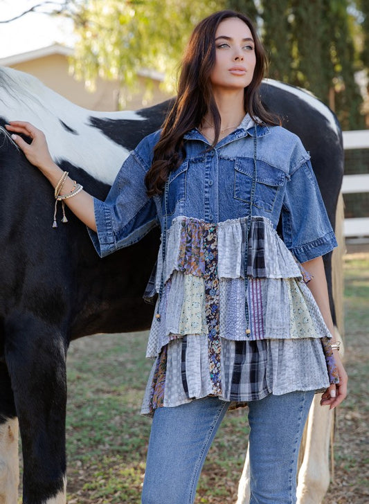 Country Charm Grey Hooded Patchwork Top