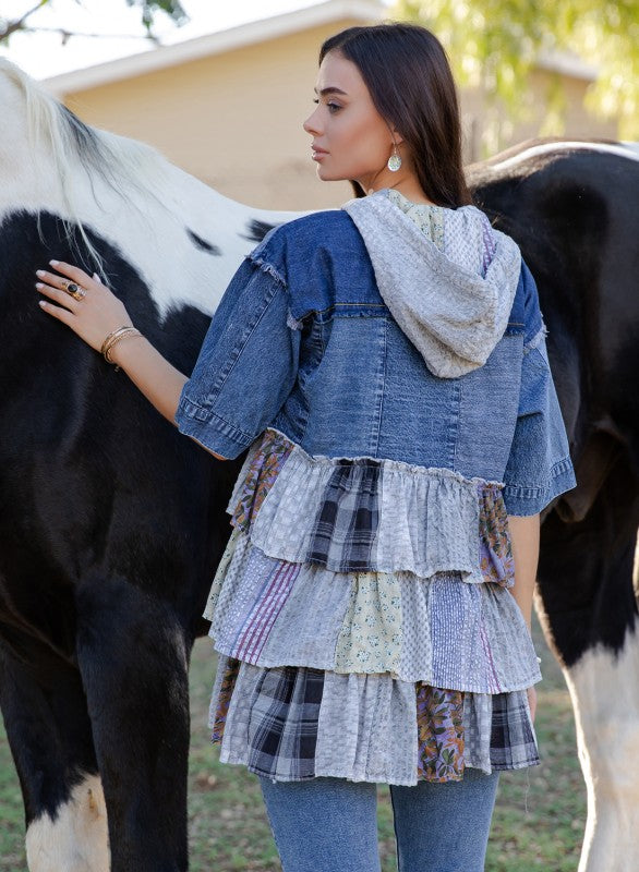 Country Charm Grey Hooded Patchwork Top