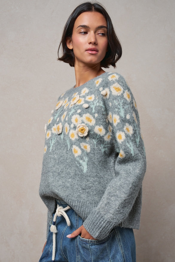 Daisy Daydream Grey Knit Sweater