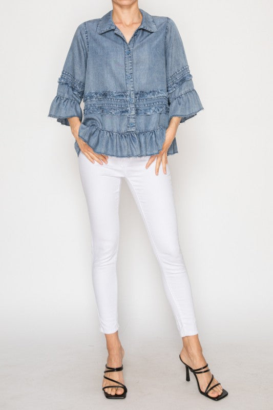 Prairie Skies Chambray Ruffle Top