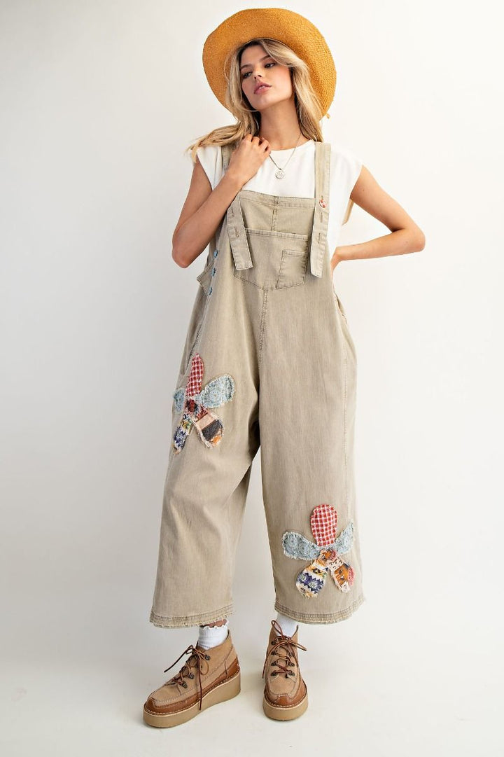 Flower Patch Khaki Overalls