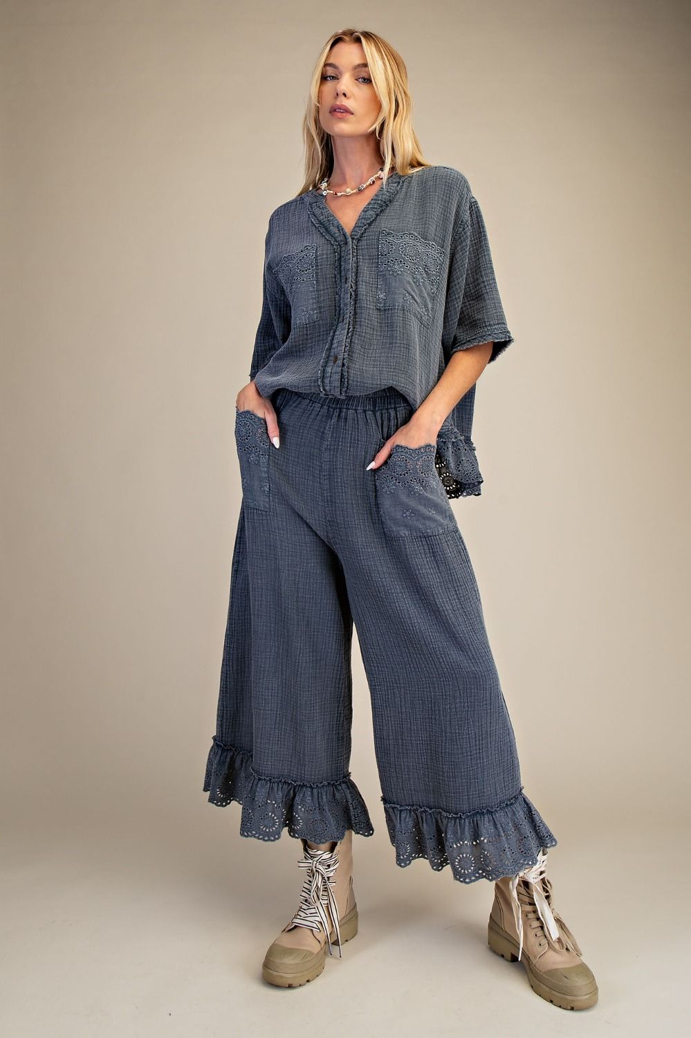 Gauze Charcoal Ruffle Pants