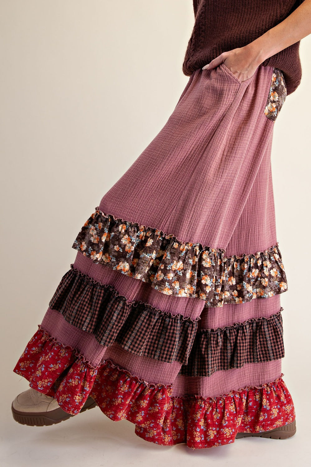 Red Bean Cotton Ruffle Pants