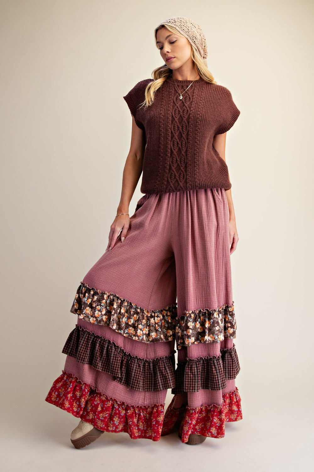 Red Bean Cotton Ruffle Pants
