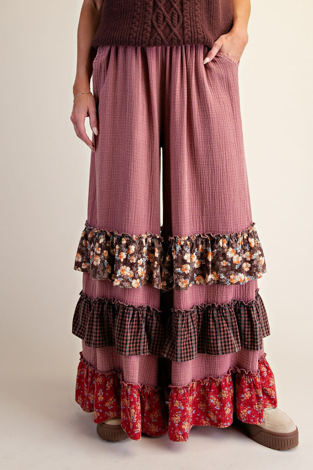 Red Bean Cotton Ruffle Pants