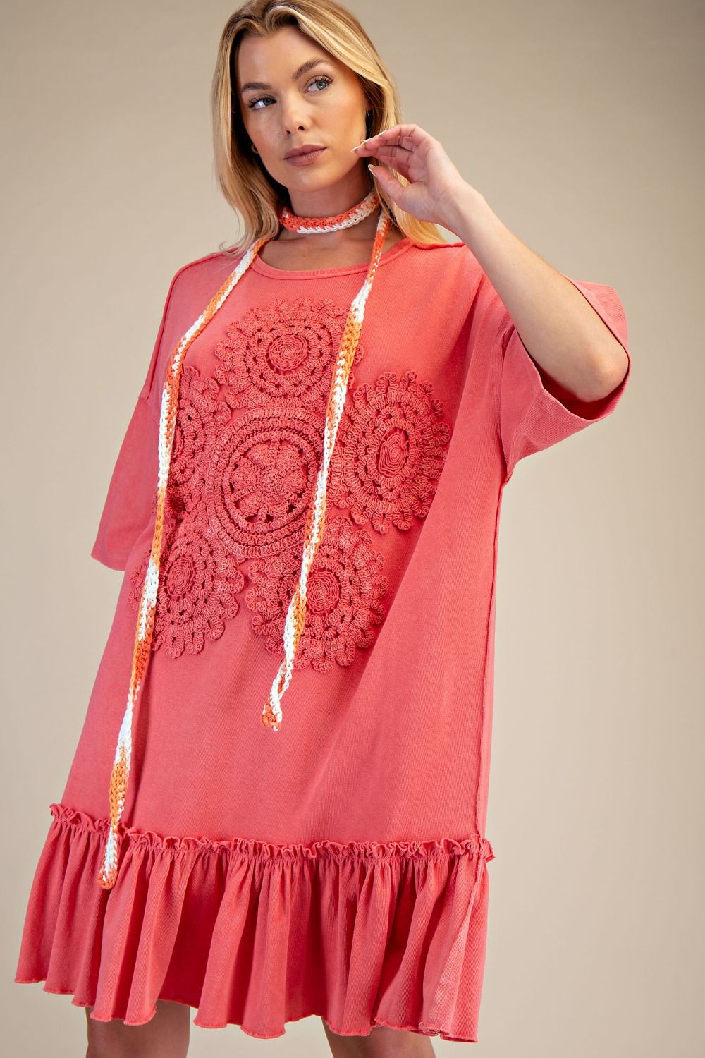 Crochet Charm Coral Ruffle Dress