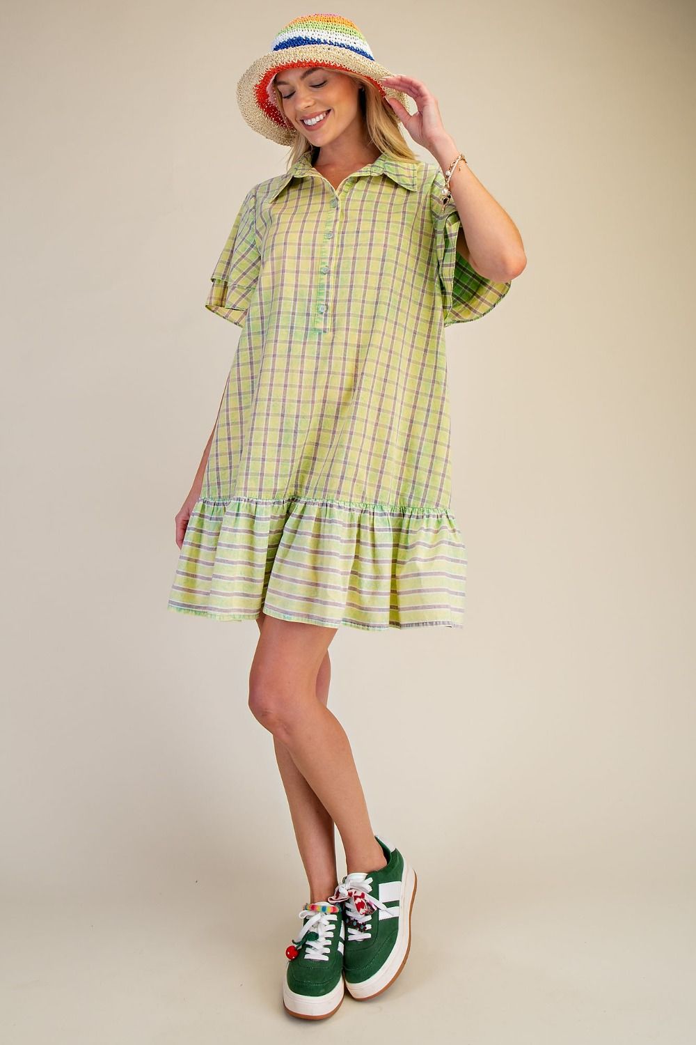 Picnic Plaid Lime And Lavender Cotton Dress