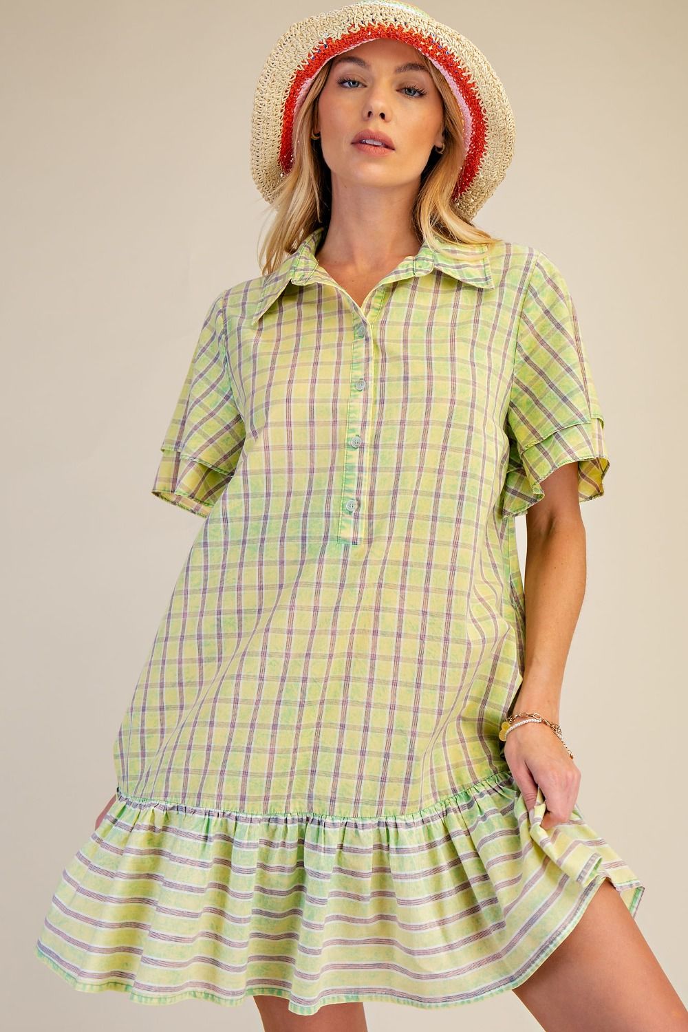Picnic Plaid Lime And Lavender Cotton Dress