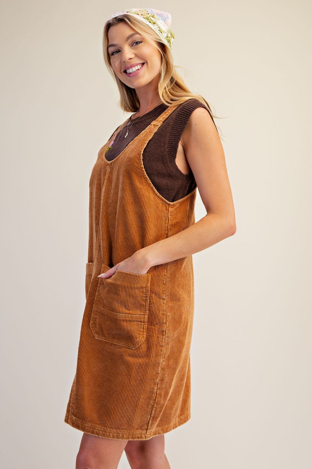 Caramel Corduroy Overall Dress