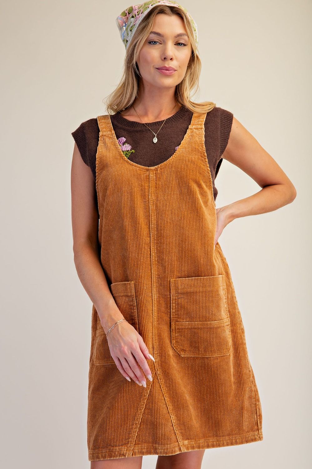 Caramel Corduroy Overall Dress