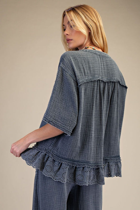 Gauze Charcoal Ruffle Top
