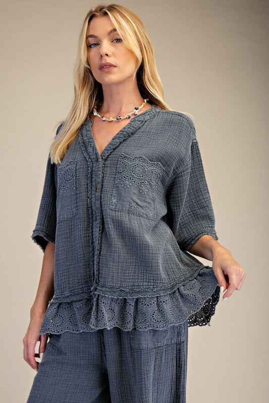 Gauze Charcoal Ruffle Top