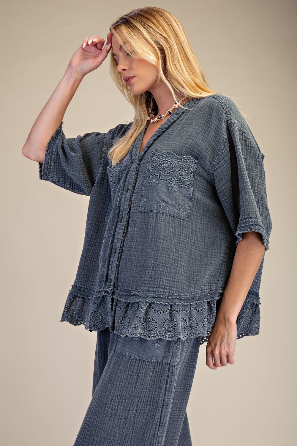 Gauze Charcoal Ruffle Top