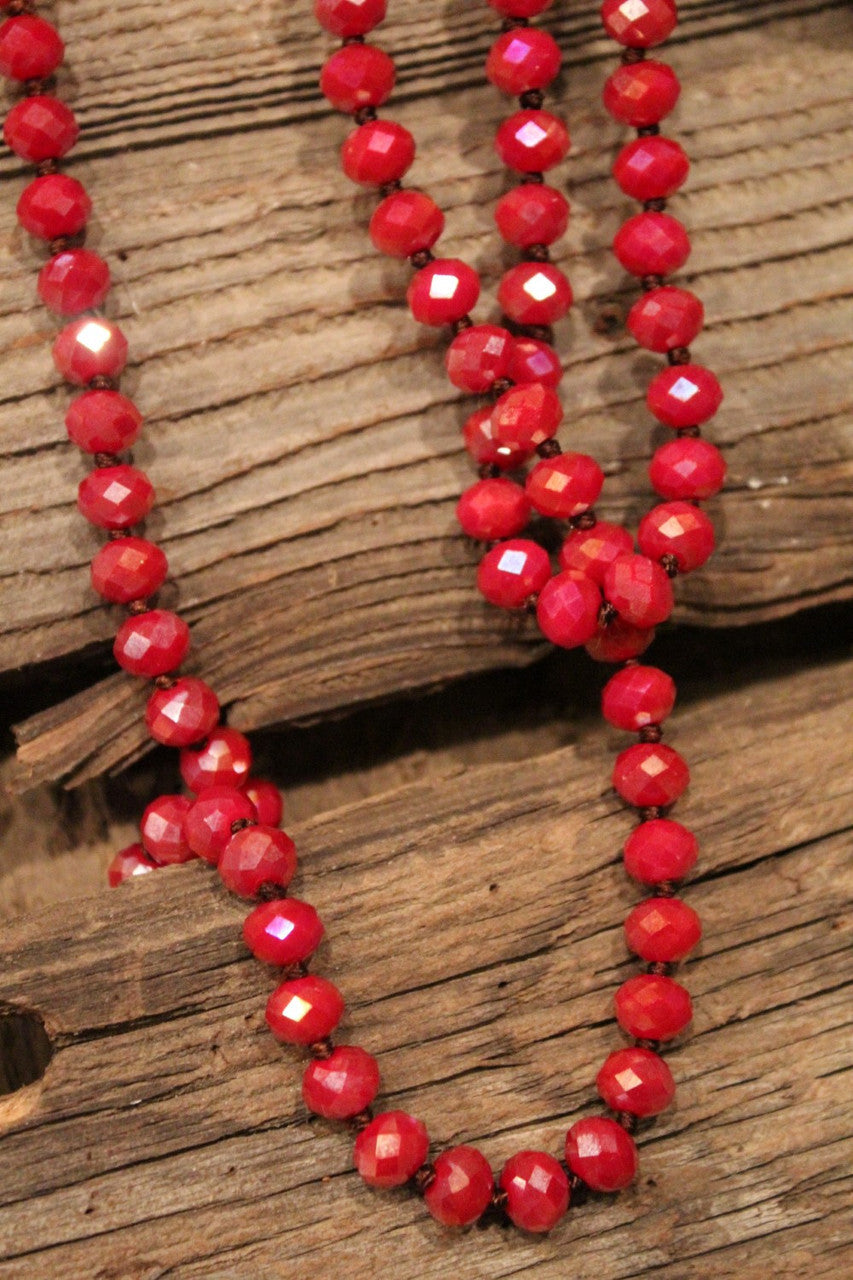 Cherry Red Crystal Beaded Long Necklace